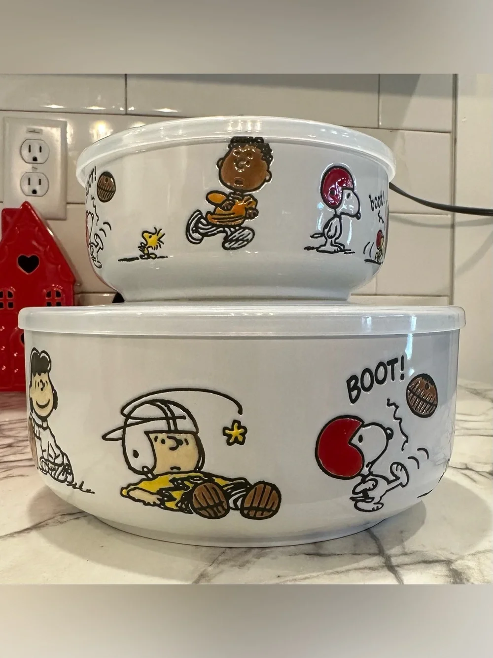 Peanuts Snoopy Football Ceramic Serving Bowl - White with Red Accents with lids.